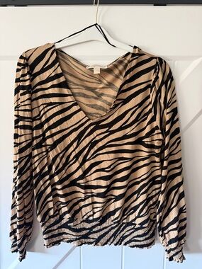Michael Kors Tan and Black Zebra-Print V-Neck Blouse